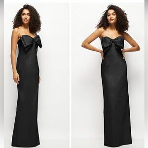 ALFRED SUNG Strapless Satin Black Column Maxi Dress with Bow NWT size 00